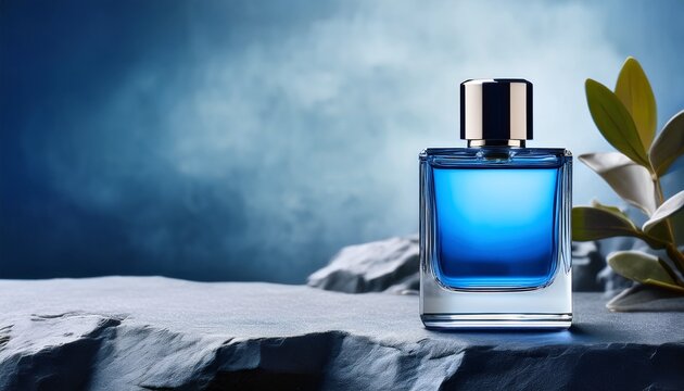 Captivating blue perfume bottle display rocky background, for man, advertisement