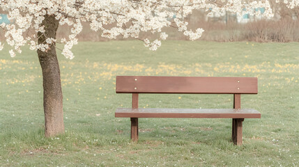 Fototapeta premium Empty park bench under blossoming cherry tree
