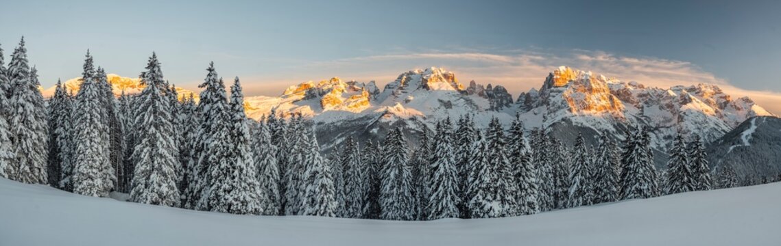 At Malga Ritorto, a splendid balcony over the entire Brenta Dolomites chain, here shot with the last lights of sunset, Brenta Dolomites, Madonna di Campiglio, Trentino, Italy