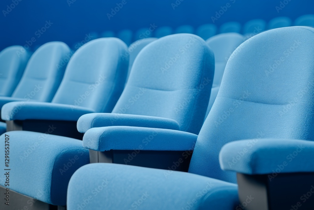 Aufkleber silhouette of empty blue cinema interior with rows of unoccupied seats and a soft blue light, captur