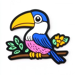 Obraz premium Colorful Cartoon Toucan Sitting on a Branch with Green Leaves and Yellow Flower Background