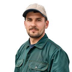 Fototapeta premium Confident Male Worker in Green Jacket and Cap Posing Outdoors