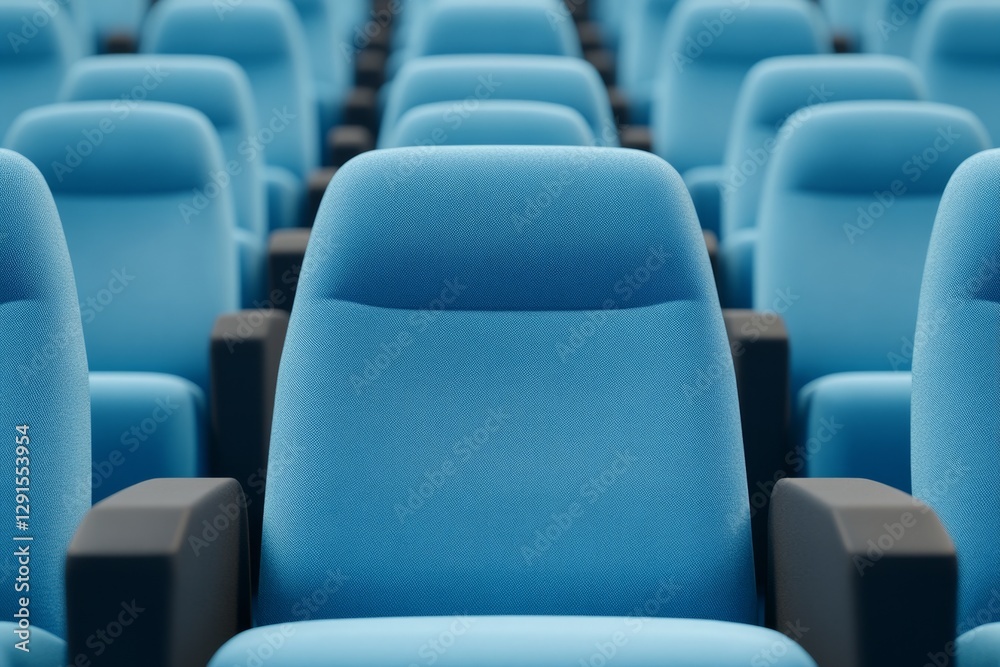 Poster silhouette of empty blue cinema interior with rows of unoccupied seats and a soft blue light, captur
