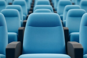 Fototapeta premium Silhouette of Empty Blue Cinema Interior with Rows of Unoccupied Seats and a Soft Blue Light, Capturing the Essence of Abandonment and Tranquility in a Movie Theater Setting