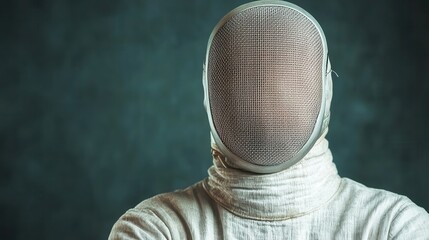 Exercise endurance mindset concept. A masked fencer in protective gear stands confidently, emphasizing the sport's intensity and focus against a muted, textured background.