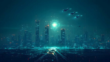 Futuristic city at night with drones