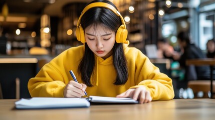 Young Woman in Yellow Hoodie Writes Notes While Wearing Headphones