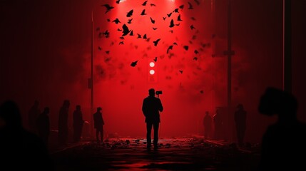 Fototapeta premium A striking minimalist scene of a journalist standing tall, voice recorder in hand, against a chaotic backdrop of simplified human forms in dark tones, representing the fight for transparency.