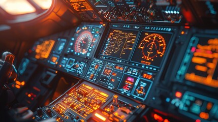 Modern aircraft cockpit with illuminated digital displays and controls.