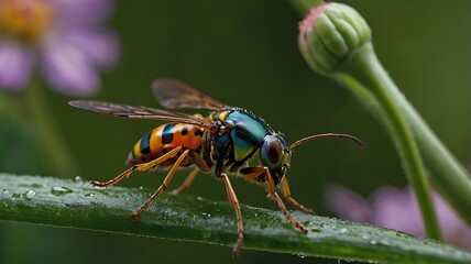 Single Wasp with Dew on Leaf