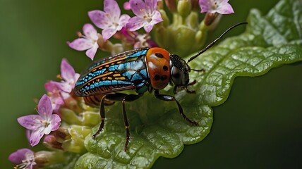 Colorful Beetle on Green Leaf