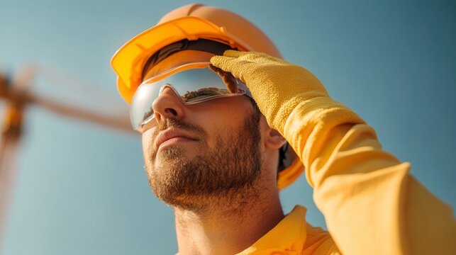 Construction Worker Ensuring Sun Safety: Applying Sunscreen with Protective Gear Outdoors
