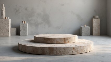 Stone Podium Stage. Beige Rough Circle Platform. Interior Design Element. Blank Display Stand for Product Presentation. Light Concrete Wall Backdrop