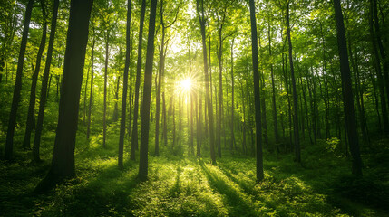 Fototapeta premium forest background with tall trees and sunlight filtering through the leaves 