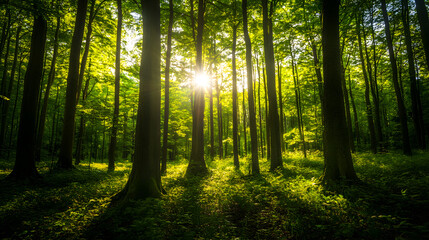 Fototapeta premium forest background with tall trees and sunlight filtering through the leaves 