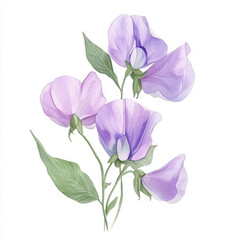 Fototapeta premium beautiful illustration of sweet pea flowers in soft purple hues, showcasing delicate petals and lush green leaves, perfect for botanical art lovers