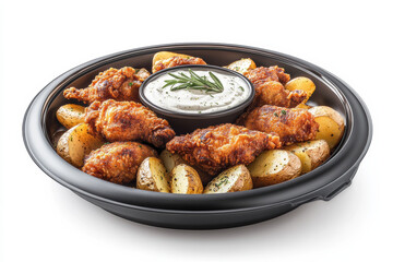 Fototapeta premium a platter piled with crispy fried chicken pieces paired with potato wedges