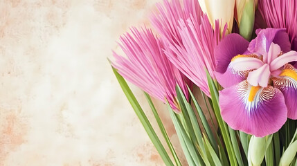 Fototapeta premium Pink Floral Arrangement on Beige Background