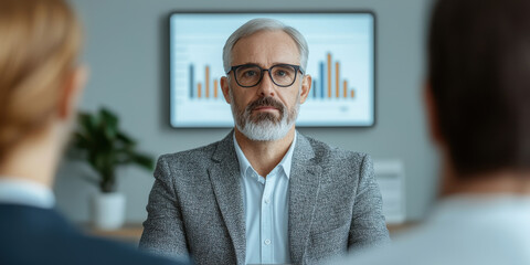 Professional man presenting financial data with graphs in background
