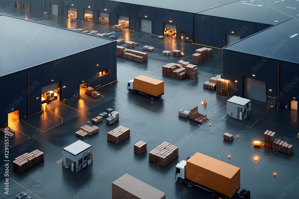 Poster expansive futuristic logistics center with interconnected iot devices and distributed ledger technol