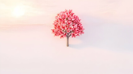 Pink Tree on a White Landscape at Dawn