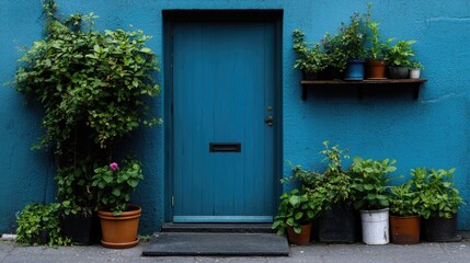 Blue Door with Plants on a Blue Wall
