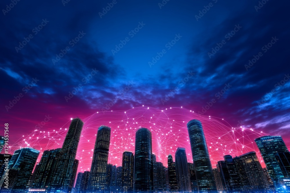 Poster Smart city and abstract dot point connect with gradient line and aesthetic Intricate wave line design , big data connection technology concept