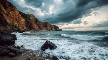 background with waves crashing against cliffs under a cloudy sky 