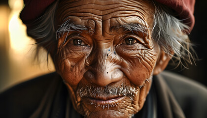 Resilient elderly man rural village portrait photography natural light close-up humanity and wisdom