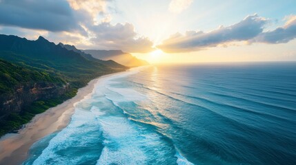 Naklejka premium Lush Coastline with Rolling Waves and Dramatic Cliffs at Sunset