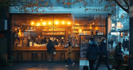 Rainy evening in a cozy Japanese cafe with warm lights and people walking by.