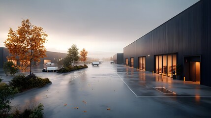 Obraz premium Expansive logistics park with modern warehouses distribution centers and transportation hubs that seamlessly integrate to drive global logistics The industrial architecture features clean lines