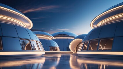Fototapeta premium Futuristic Buildings View. Glass Domes Reflect Sky at Dusk. Architecture with Circular White Lights. Blue and White Colors in Modern City Design