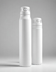 White plastic bottle, aluminum spray can, and white spray can with blank labels