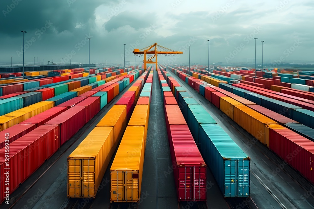 Poster expansive railway terminal with rows of multicolored freight containers bustling activity of cranes 
