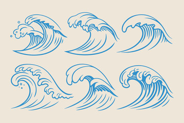 Vintage Hand-Drawn Sea Waves Collection, Stormy Ocean Tides, Beach Storms, and Nautical Wave Sketches in Vector Illustration