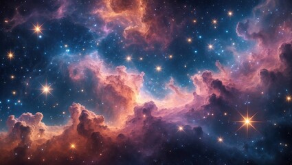Fototapeta premium Colorful nebula glows. Stars shine in blue and pink cosmos sky. Space clouds form galaxy backdrop.