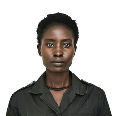 Obraz premium Confident Young Woman with Short Hairwearing Military-Inspired Outfit