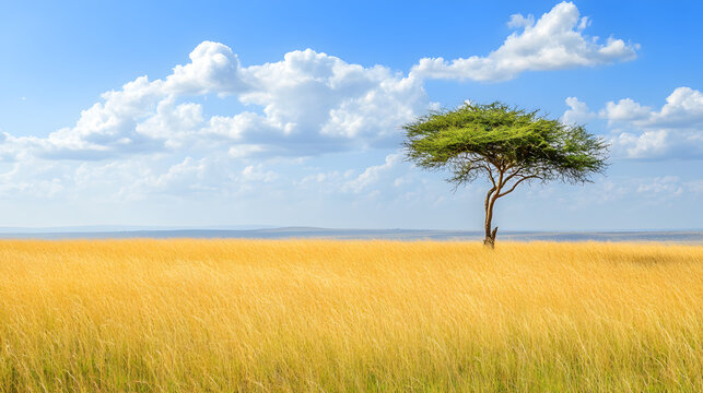 background with tall golden grass and a lone acacia tree under the midday sun 