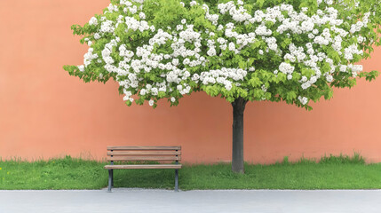 Spring blossoms, bench, orange wall, park scene