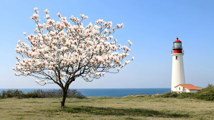 Spring blossoms by a lighthouse