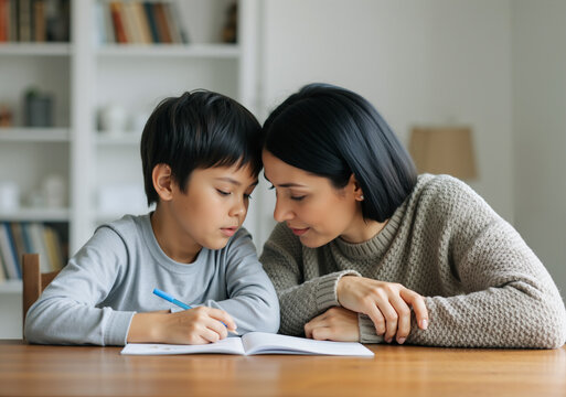 Muslim mother assisting her son with his studies  fostering a supportive learning environment at home