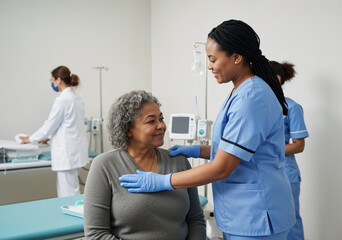 Obraz premium Nurse provides comfort and support to an elderly patient in a hospital room
