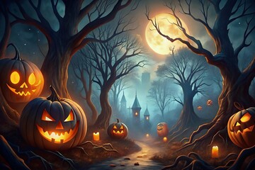 Fototapeta premium halloween background with pumpkin forest autumn landscape in sunny day