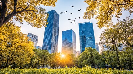 Skyscrapers and trees present a beautiful city landscape with birds