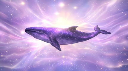 Mystical celestial moon aura. A cosmic whale glides through a vibrant, purple galaxy, surrounded by swirling energy and light, symbolizing wonder and the mysteries of the universe.