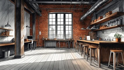 Fototapeta premium Loft interior sketch. Red brick walls and large window in spacious kitchen. Wooden floor and furniture in room with industrial style design.