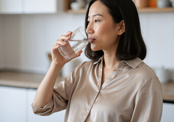 Asian woman drinking fresh water after fasting for ramadan, enjoying health benefits and hydration in kitchen