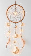 Obraz premium Mystical celestial moon aura. A decorative dream catcher featuring moons, stars, and feathers, illuminated with twinkling lights, creating a whimsical and enchanting atmosphere.