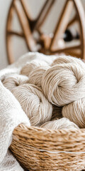 natural beige yarn in a wicker basket with spinning wheel in background showcasing textile craftsmanship and organic fibers